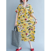 Женское Короткие рукава Цветочные свободные V-образным вырезом карман Платье