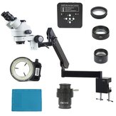 Trinokulares Stereo-Mikroskop mit schwenkbarer Armklammer und Säulenhalterung Zoom Simul Focal 3,5X - 90X + 34MP-Videokamera für industrielle Leiterplatten