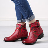 Genuine Leather Flowers Pattern Lining Casual Ankle Boots