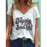 Günlük Rahat Çiçekli Alfabe Araba Baskı Vahşi Gevşek Kadın T-shirt