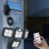 Luzes solares externas LED COB 192/198 com sensor de movimento de 4 cabeças, iluminação de ângulo amplo de 270 graus, lâmpada de parede solar à prova d'água com controle remoto para jardim