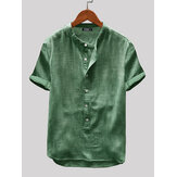 Men Cotton Linen Short Sleeve Solid Color Leisure Henley Shirts