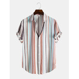 Mens Stripe Print Short Sleeve Lapel Regular Hem Preppy Shirt