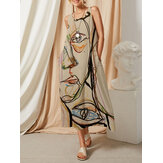 Graffiti Abstract Pattern Print O-neck Sleeveless Pocket Print Dress For Women