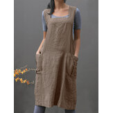 Frauen ärmellose Seitentaschen Baumwolle lose einfarbig Vintage Schürze Kleid