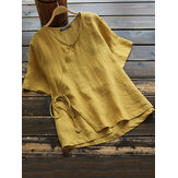 Blusa de algodão feminina com decote em V e botões de cor sólida
