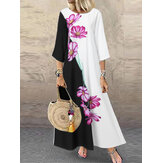Γυναίκες αντίθεσης χρώματος λουλουδένιο εκτύπωση O-Neck Casual 3/4 Sleeve Maxi Dress