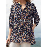 Μπλούζα γυναικών με πλαινές τσέπες σε στυλ boho ρέτρο με V-λαιμό και λουλουδάτο σχέδιο κατασκευασμένη από 100% βαμβάκι