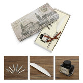 Retro Goose Feather Quill Pen Metal Nib Dip Writing Black Ink Set Collectable