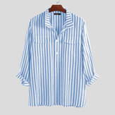 Men Vertical Stripe Dual Pockets Long Sleeve Shirts
