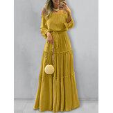 Women Off Shoulder Puff Sleeve Pleated Patchwork Elegant Solid Color Maxi Dress