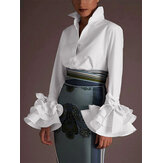 Женская повседневная блузка с воротником и расширенными рукавами, сплошного цвета