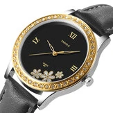 Yazole 557 Fashion Elegant Flower Rhinestone Decoration Dial Genuine Leather Strap 3ATM Waterproof Female Wristwatch Quartz Watch