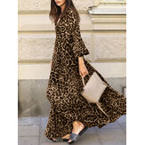 Sukienka Maxi z dekoltem w serek i rękawem Puff ze zwierzęcym printem Leopard dla kobiet z wiązaną koronką