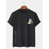 Camisetas de manga curta com estampa japonesa de tubarão e gato para homens