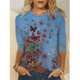 Plus Size Women Butterflies Printed O-Neck Casual Long Sleeve Blouses