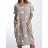 Women Polka Dots Printed Midi Crew Neck Casual Dress