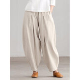 Women Loose 100% Cotton Ankle Length Solid Color Wide Legged Casual Pants