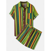 Мужские хлопковые Colorful Полосатые практичные дышащие рубашки с карманами и шортами