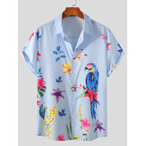 Camisas casuais de mangas curtas com gola lapela e botões, respiráveis, com homens, pássaros e flores
