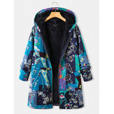 Vintage Floral Print Fleece Thick Plus Size Hooded Coat With Pockets