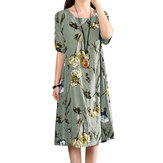 Vestido informal suelto de dos bolsillos con estampado floral retro para mujeres