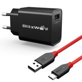 BlitzWolf® BW-S9 18W USB Charger EU + AmpCore BW-TC6 3A USB Type-C Pleciony kabel danych do ładowania 6ft / 1,8m