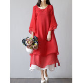 Vintage Women Cotton Linen Solid Layer 3/4 Sleeve Dress