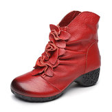 SOCOFY Retro Ankle Floral Zipper Soft Leather Boots
