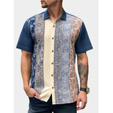 Männer Vintage Hemden mit geometrischem Muster und Patchwork am Revers und kurzen Ärmeln
