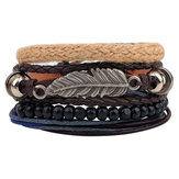 Vintage Multilayer Wood Beads Woven Leather Bracelet Folha Pingente Unisex Bangle Chain