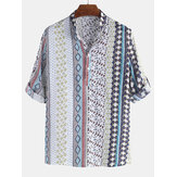 Mens Vintage Ethnic Style Printing Half Sleeve Loose Casual Henley Shirts