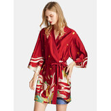 Summer V-Neck 3/4 Sleeve Printed Short Bathrobe Nightgown