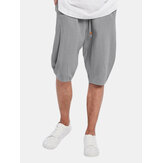 Shorts de algodão solto respirável masculino cor sólida Comprimento Drawstring Shorts Casual 
