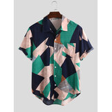 Ανδρικά βαμβακερά ακανόνιστη γεωμετρική εκτύπωση Χρώμα μπλοκ Patch Pocket Casual πουκάμισα