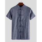 Mens Chinese Style Frog Button Up Kurzarm T-Shirt Loose Casual Shirt Tops