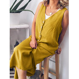 Women Casual Loose Pure Color V-Neck Button Sleeveless Dress