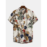 Camisas Henley de manga curta em algodão com estampa de folhas tropicais orientais para homens