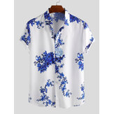 Chemises décontractées à manches courtes imprimées florales en porcelaine de style chinois pour hommes