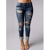 Color sólido Hollow Zipper Fly Casual Ripped Jeans