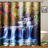180x180cm Swans Flowers Cascade Waterproof Shower Curtain with 12pcs C-type Hooks Bathroom Set