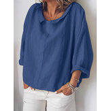 Blusa de manga larga de color puro de algodón casual para mujer