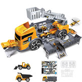 Conjunto de modelos de veículos de engenharia fundidos em miniatura para simulação infantil com transformação e estacionamento em uma garagem de armazenamento, brinquedos educativos