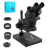 Microscópio estéreo trinocular Zoom Simul-Focal 7X-45X preto 2019 + Câmera de vídeo HDMI USB 38MP + Lente auxiliar 0.5x 2.0x