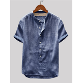 Camisas masculinas de algodão vintage com colarinho cor sólida manga curta solta camisas Henley