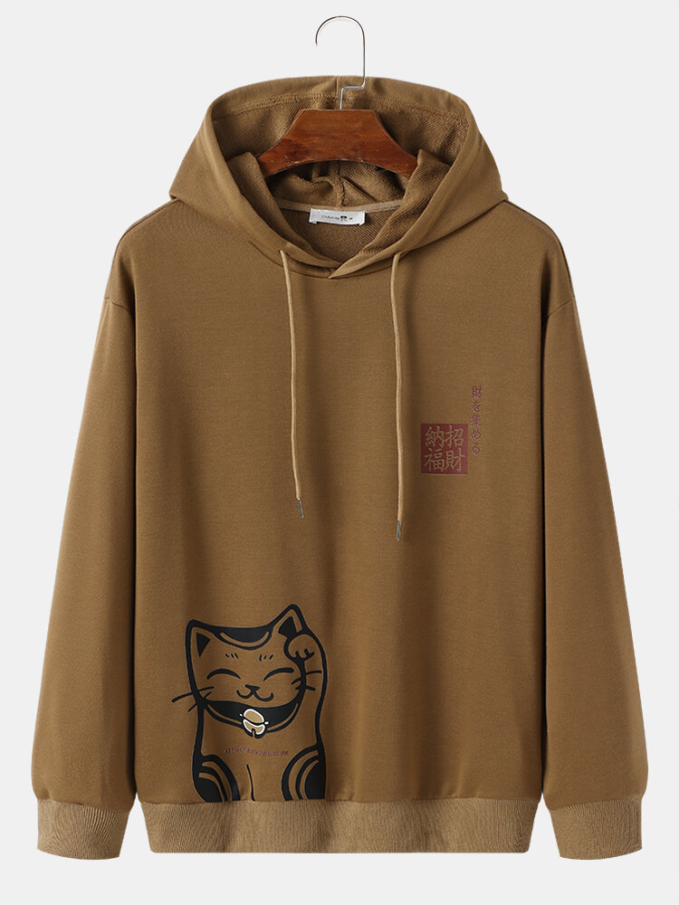 Mens Japanese Cat Letter Printed Long Sleeve Hooded Sweatshirts