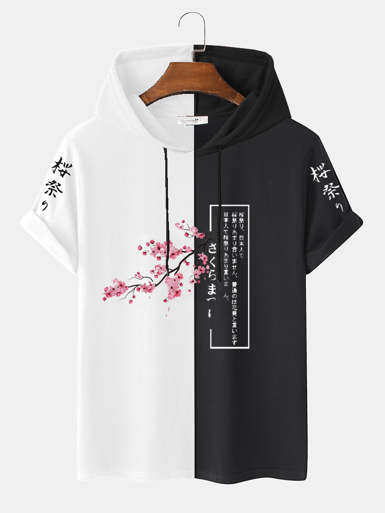 Mens Two Tone Sakuras Print Short Sleeve Hooded T-Shirts