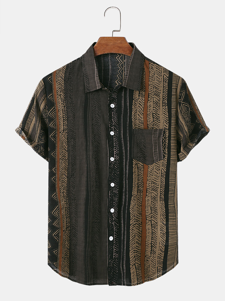Mens Vintage Stripe Pattern Chest Pocket Short Sleeve Shirts