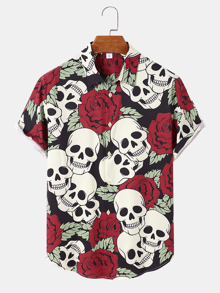 Mens All Over Rose Skull Print Funny Short Sleeve Shirts