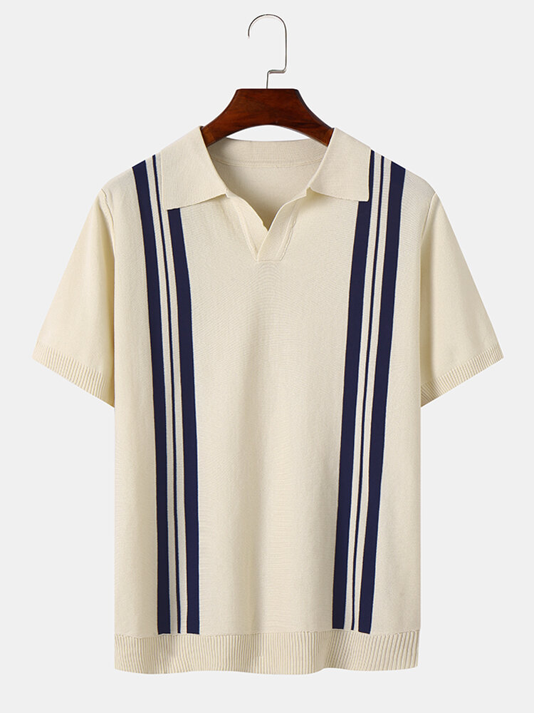 Mens Striped Spliced Lapel Short Sleeve Knitting Polos Shirts